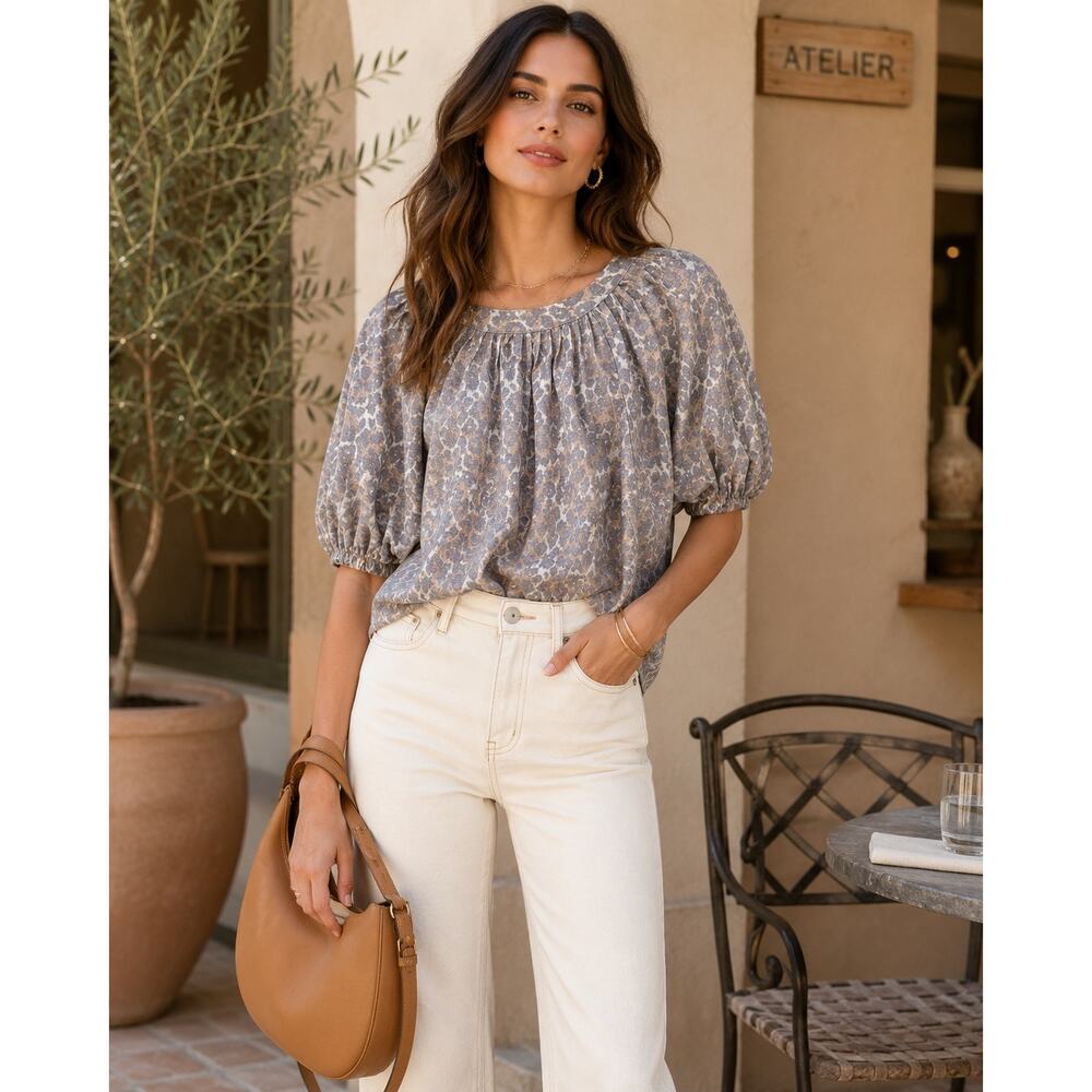 Maeve by Anthropologie‎ Linen Leopard Puff Sleeve Blouse Small Coastal Boho